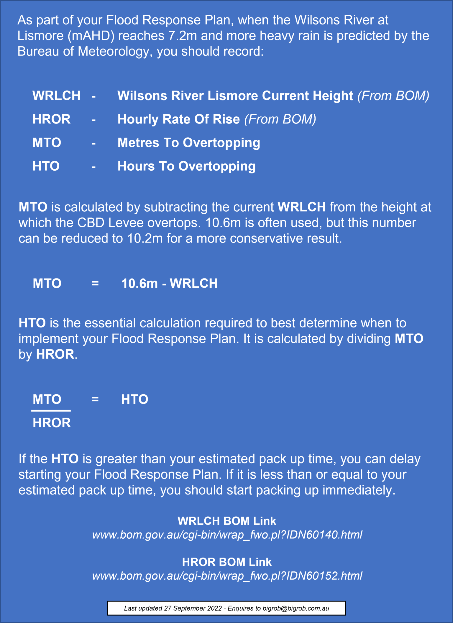 Flood Response Plan Calculations